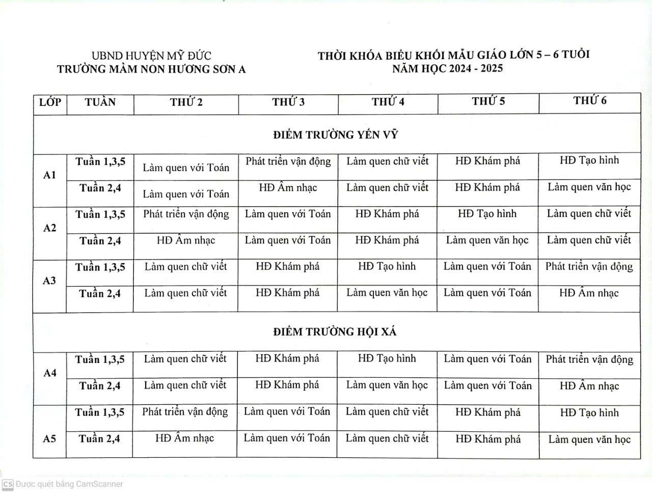 THỜI KHÓA BIỂU  NĂM HỌC 2024-2025